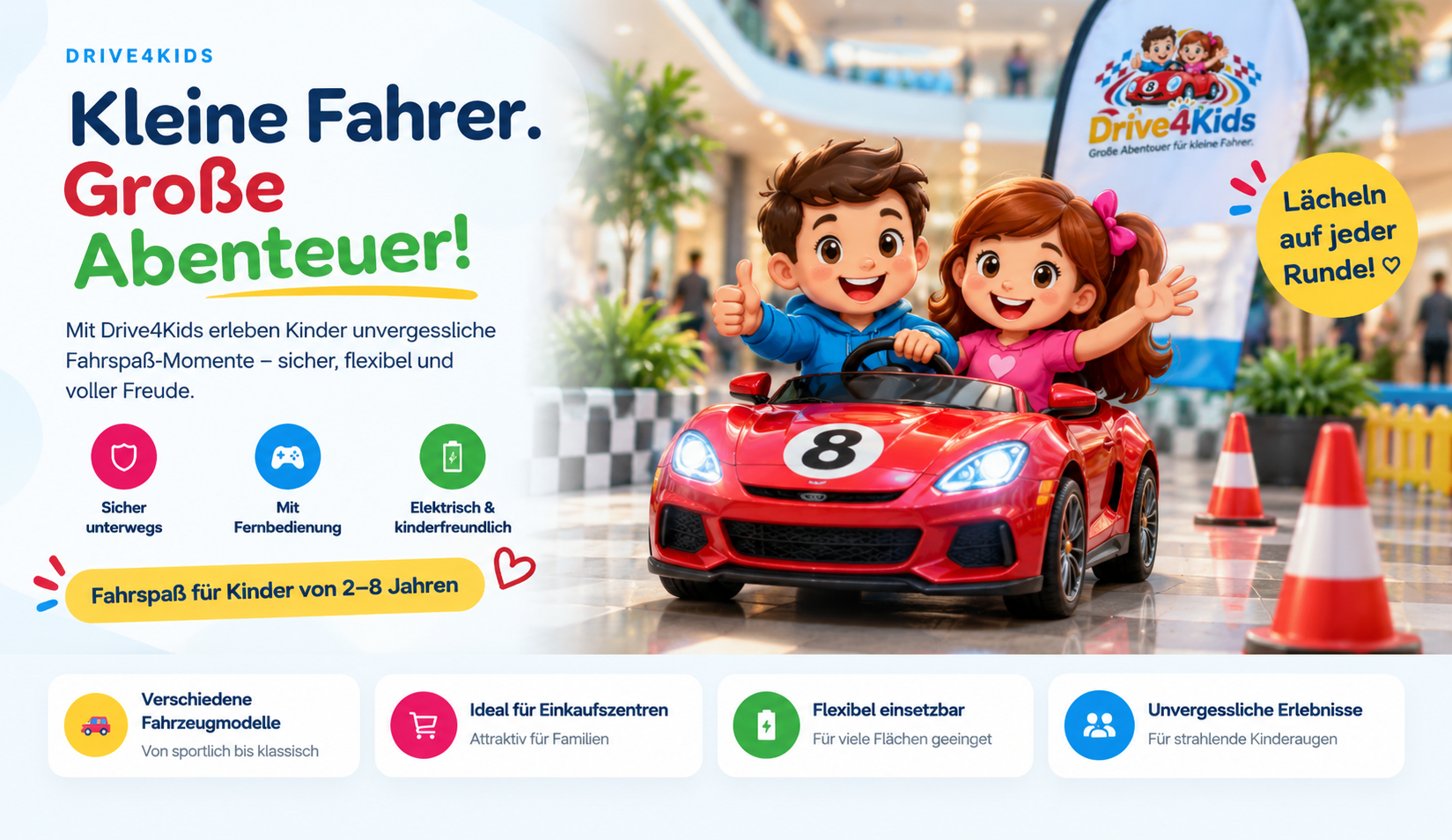 Drive4Kids Kinder im roten Elektroauto in einem Einkaufszentrum